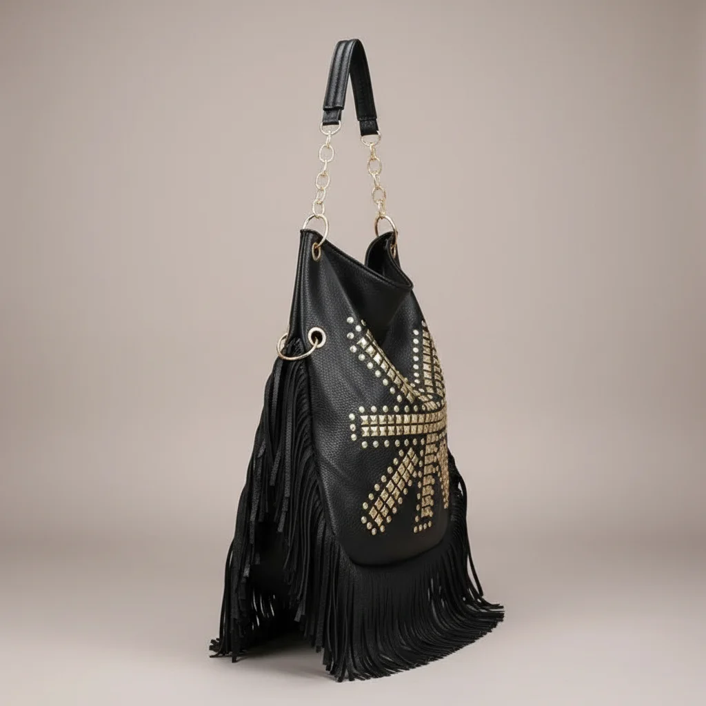 sac chaine besace simili cuir franges – Image 2