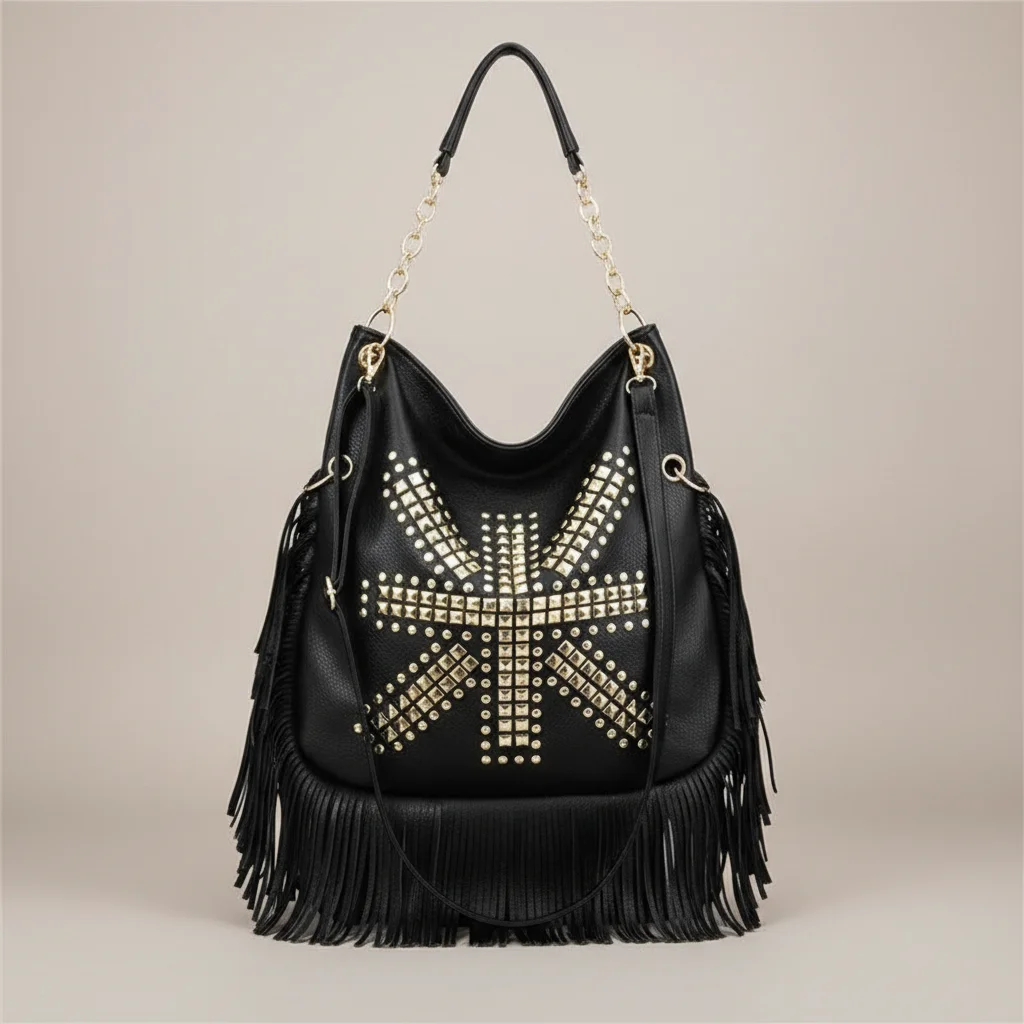 sac chaine besace simili cuir franges – Image 6