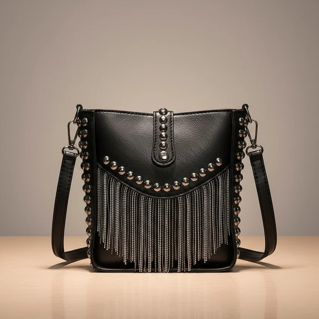 sac chaine simili cuir franges 19cm