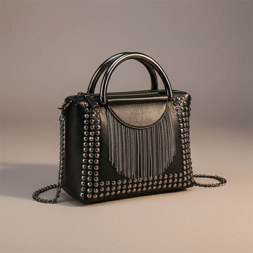 Sac chaine simili cuir franges rock – Image 3