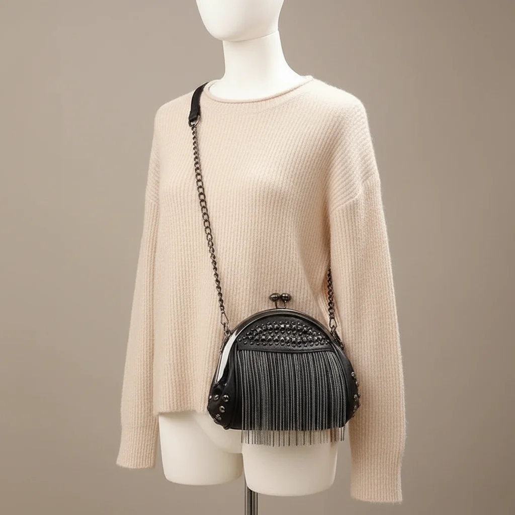 Sac chaine simili cuir franges tendance – Image 5