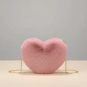 Sac chaine fausse fourrure forme cœur 25cm