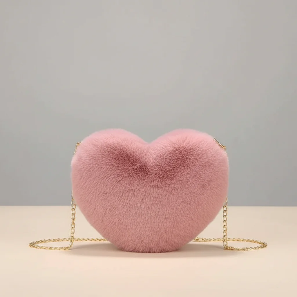 Sac chaine fausse fourrure forme cœur 25cm