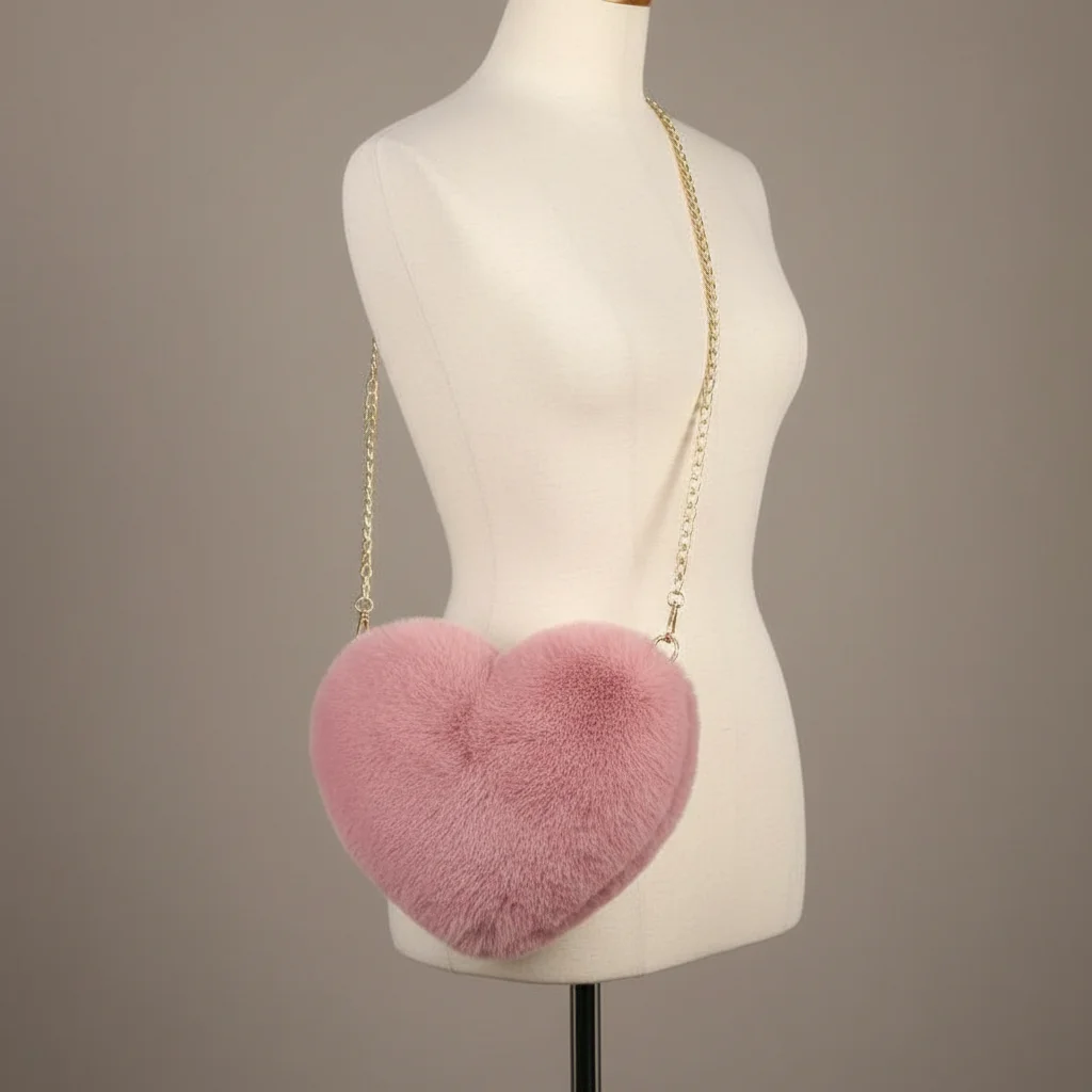 Sac chaine fausse fourrure forme cœur 25cm – Image 5