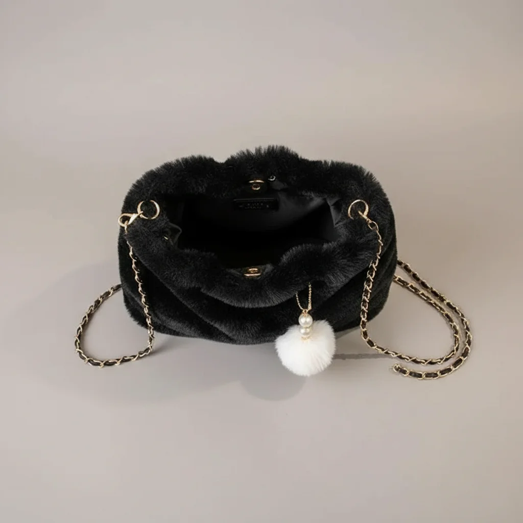 Sac chaine fausse fourrure porté épaule – Image 3