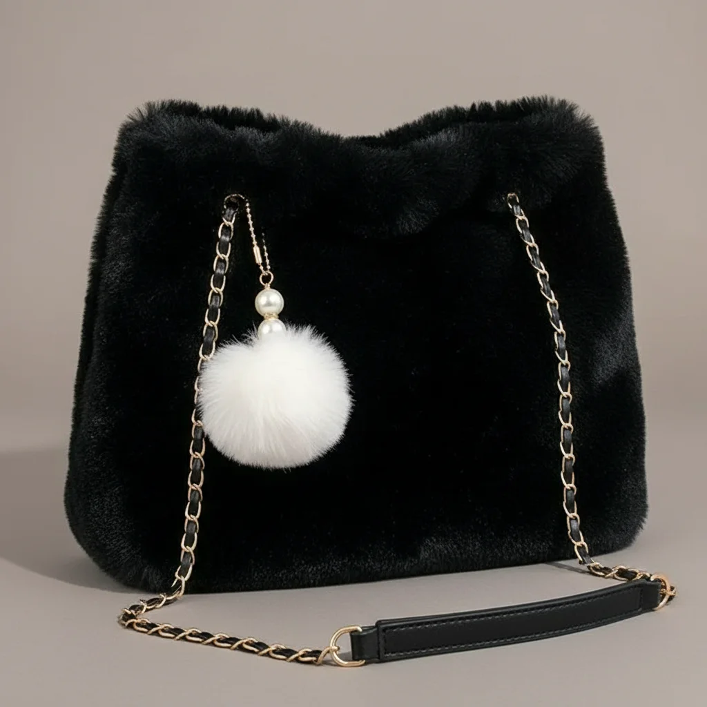 Sac chaine fausse fourrure porté épaule – Image 4