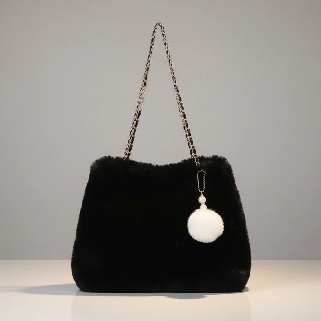 Sac chaine fausse fourrure porté épaule – Image 8