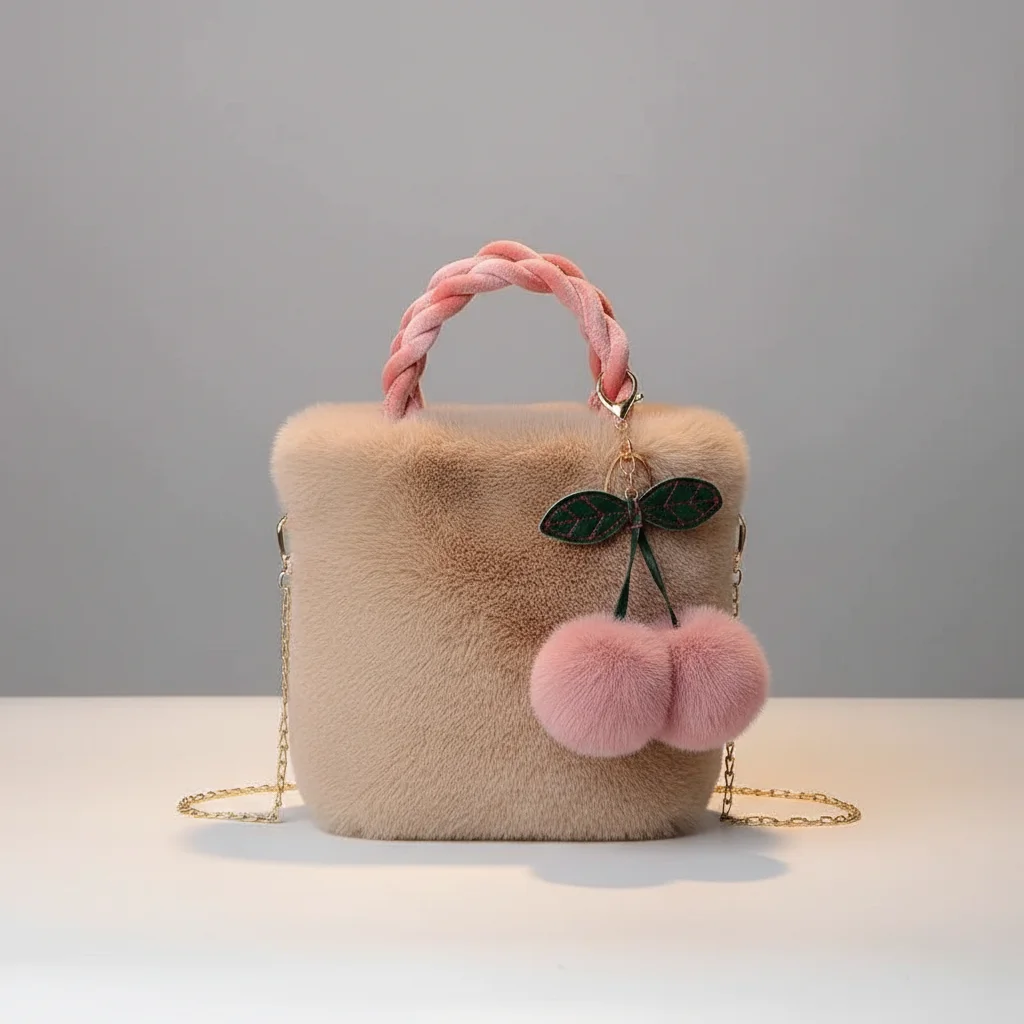 Sac chaine fausse fourrure souple pompons – Image 10