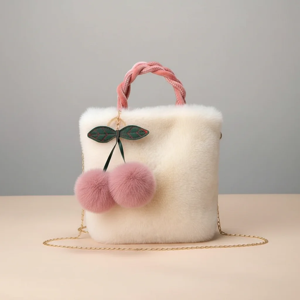 Sac chaine fausse fourrure souple pompons – Image 11