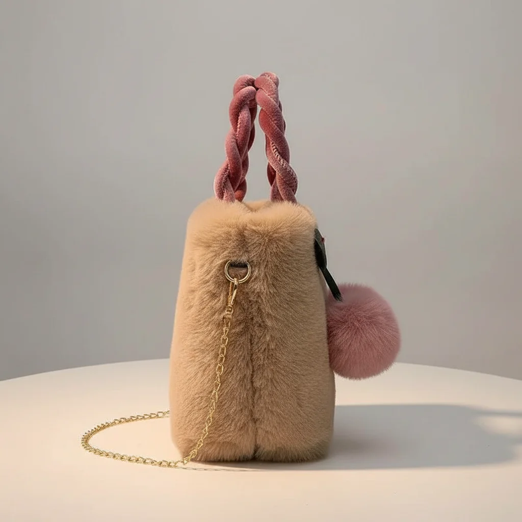 Sac chaine fausse fourrure souple pompons – Image 2