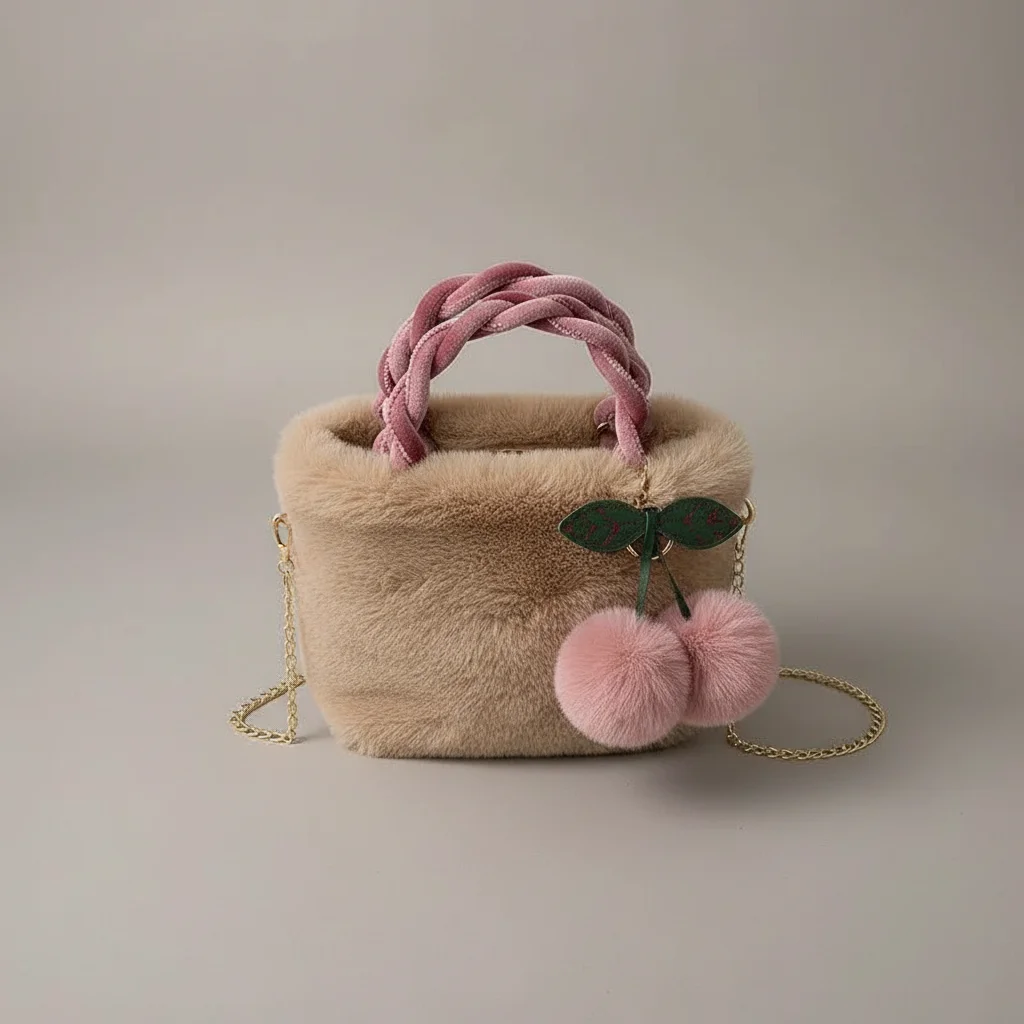 Sac chaine fausse fourrure souple pompons – Image 3