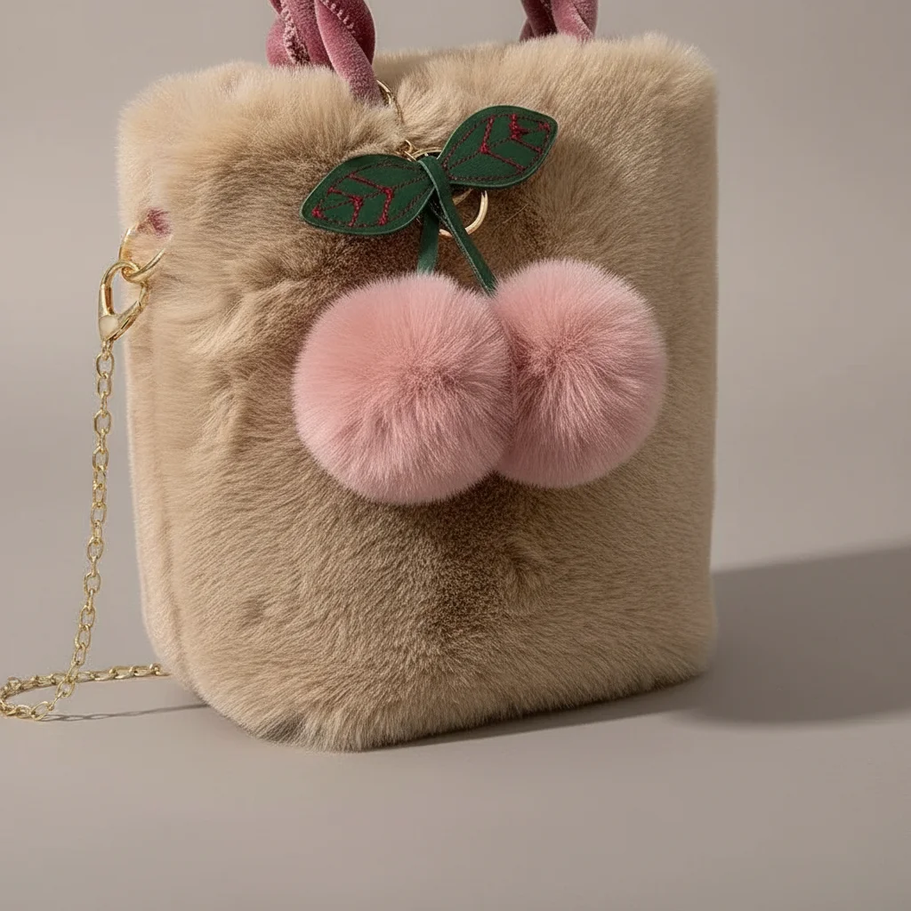 Sac chaine fausse fourrure souple pompons – Image 4