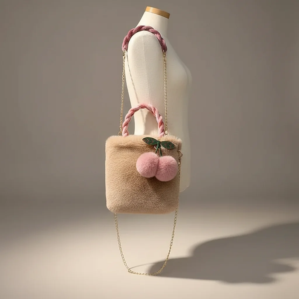 Sac chaine fausse fourrure souple pompons – Image 5