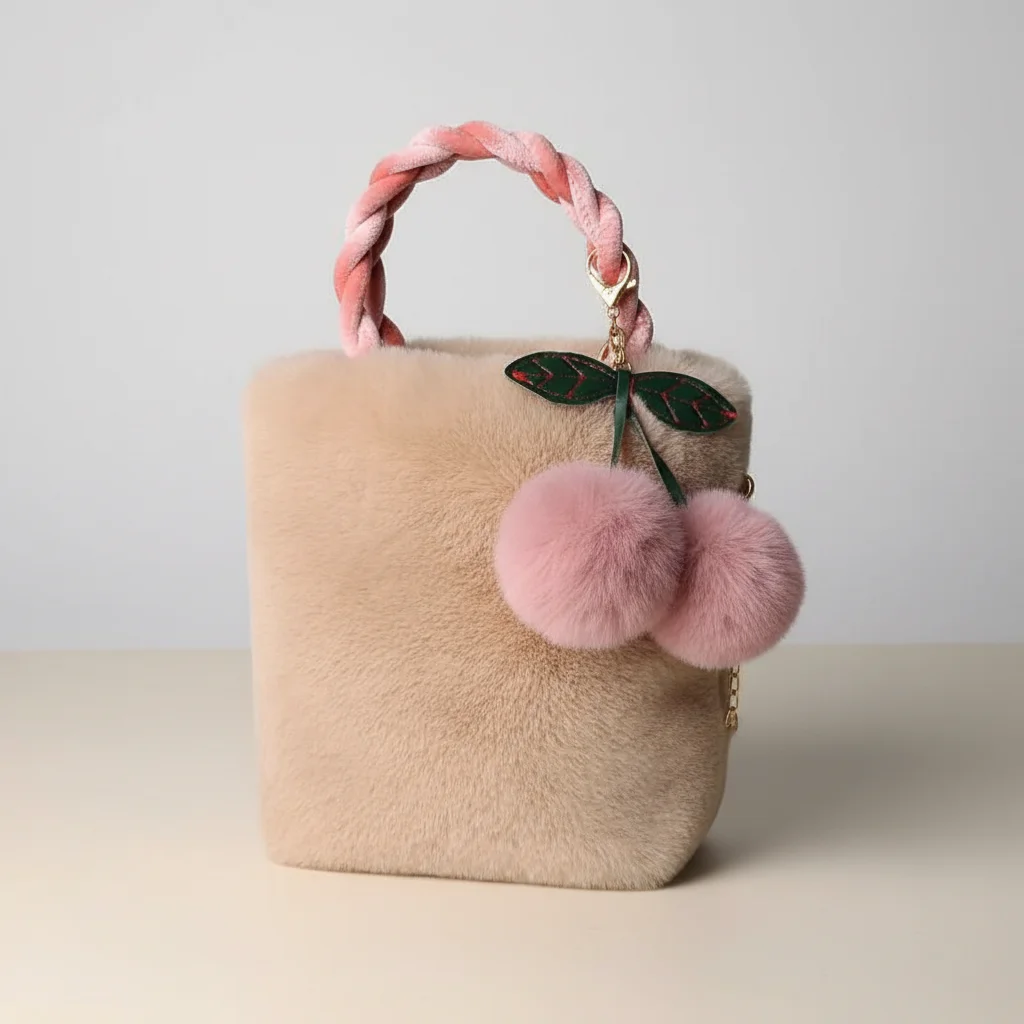 Sac chaine fausse fourrure souple pompons – Image 7