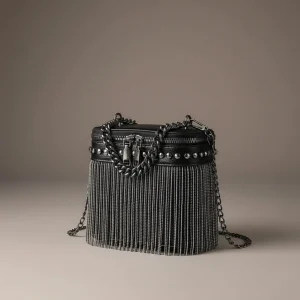 Sac chaine simili cuir franges métalliques soirée