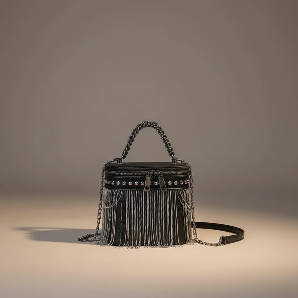 Sac chaine simili cuir franges métalliques soirée – Image 2