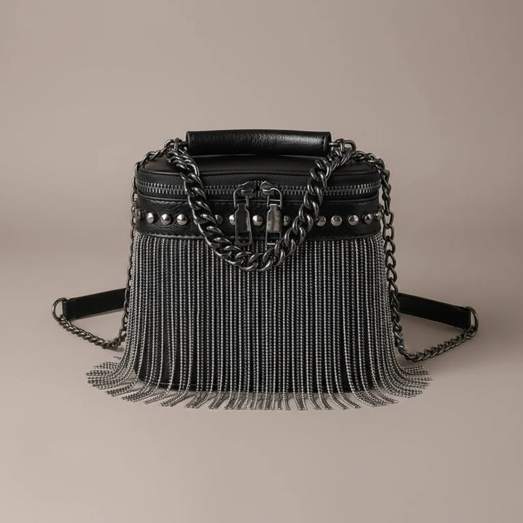 Sac chaine simili cuir franges métalliques soirée – Image 3