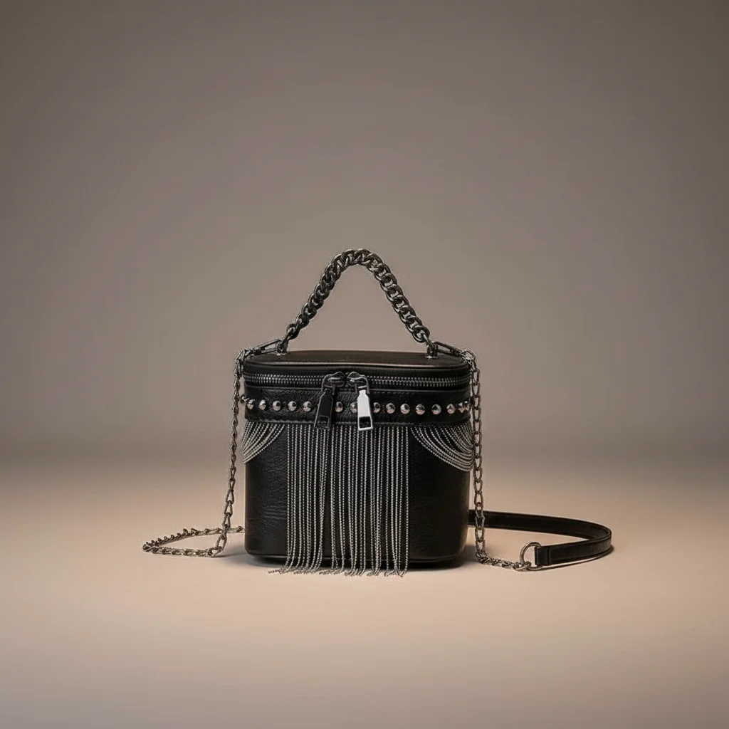 Sac chaine simili cuir franges métalliques soirée – Image 4