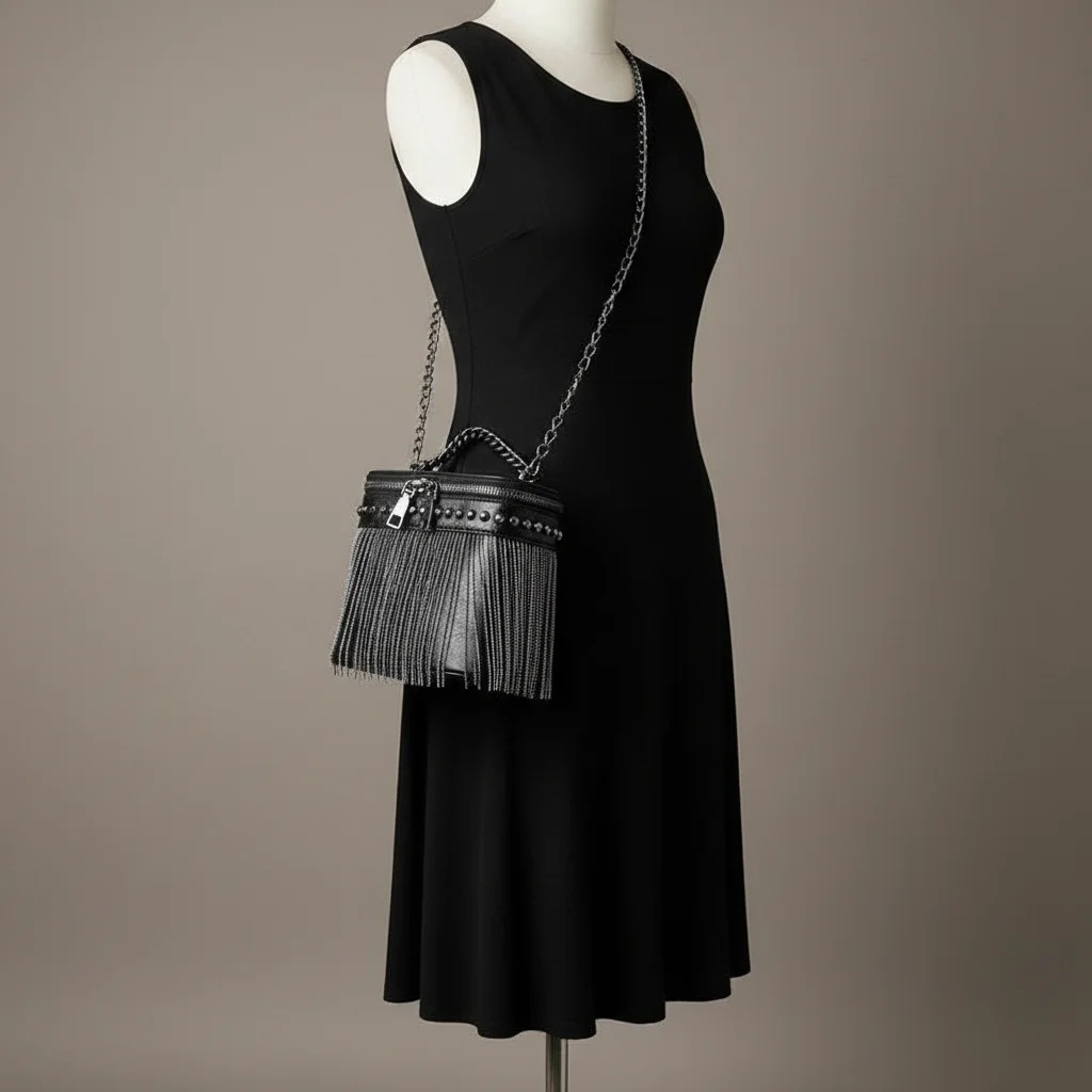 Sac chaine simili cuir franges métalliques soirée – Image 5
