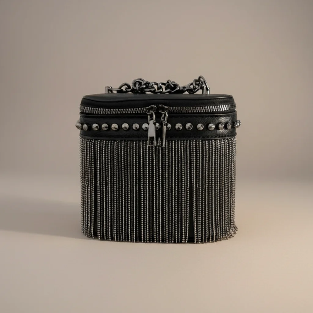 Sac chaine simili cuir franges métalliques soirée – Image 6