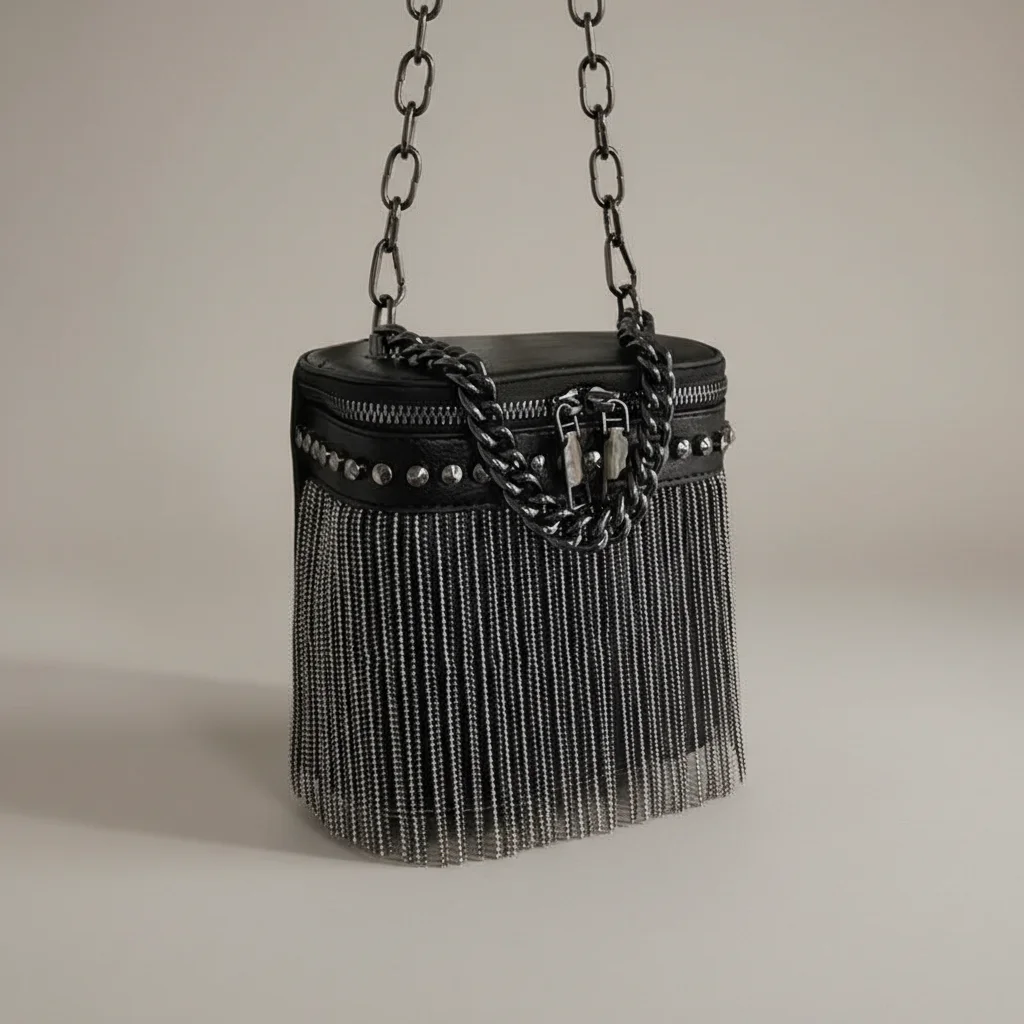 Sac chaine simili cuir franges métalliques soirée – Image 7