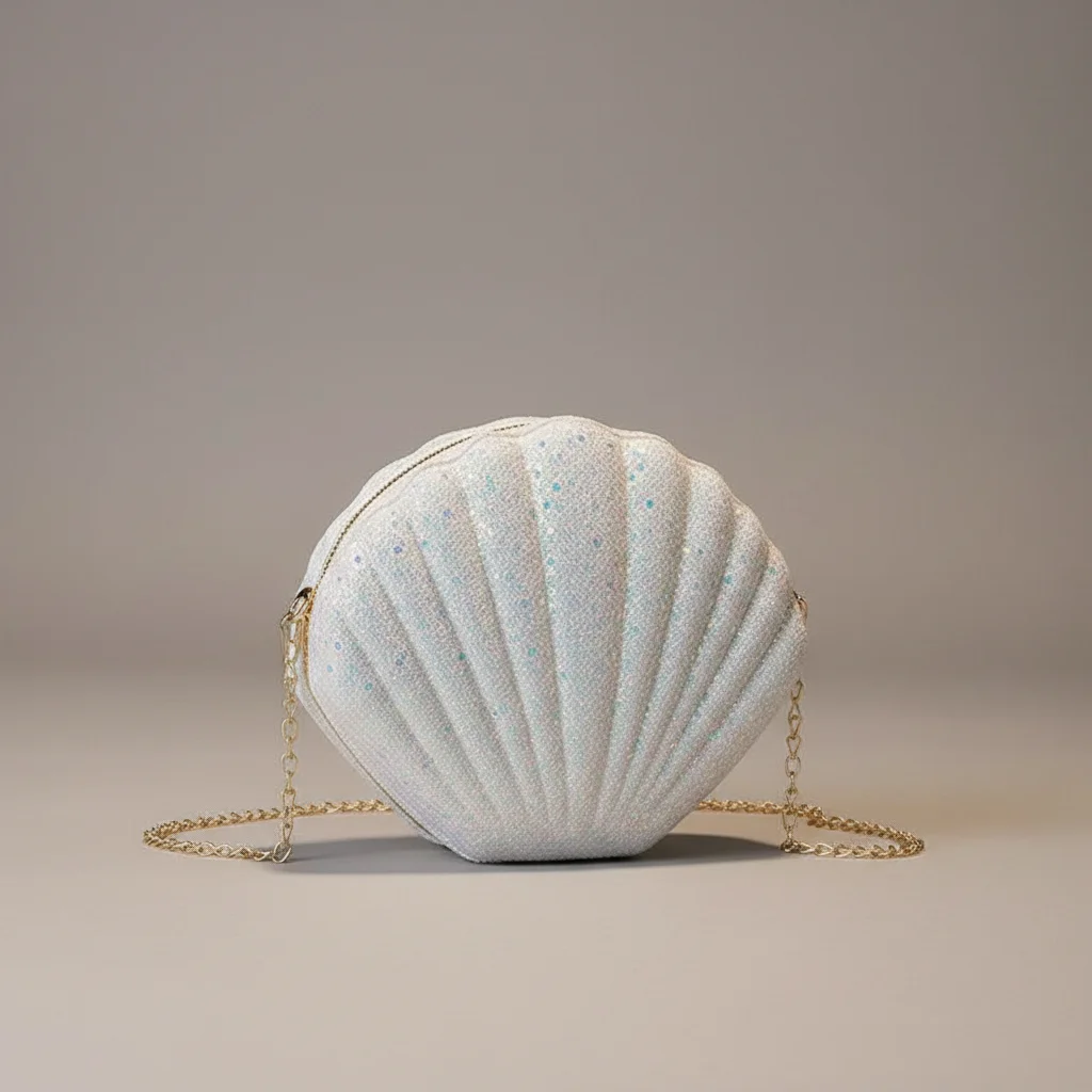 Sac chaine soirée forme coquillage pailleté